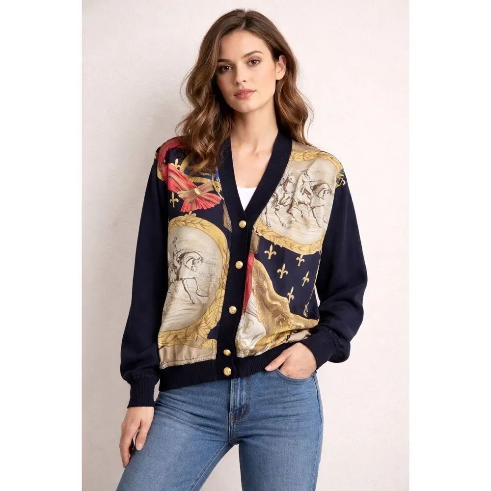 Holt Renfrew Italy Silk Blend Equestrian Print Cardigan M